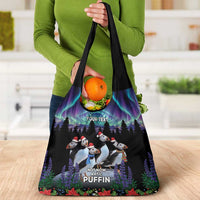 Personalized Not Now Arctic Puffin Grocery Bag Icelandic Christmas with Northern Lights