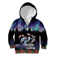 Personalized Not Now Arctic Puffin Kid Hoodie Icelandic Christmas with Northern Lights - Wonder Print Shop