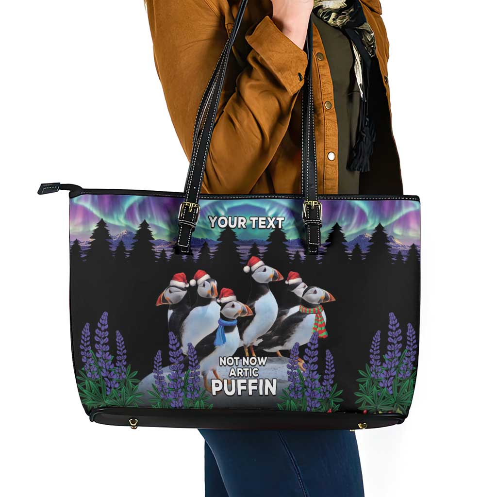 Personalized Not Now Arctic Puffin Leather Tote Bag Icelandic Christmas with Northern Lights - Wonder Print Shop