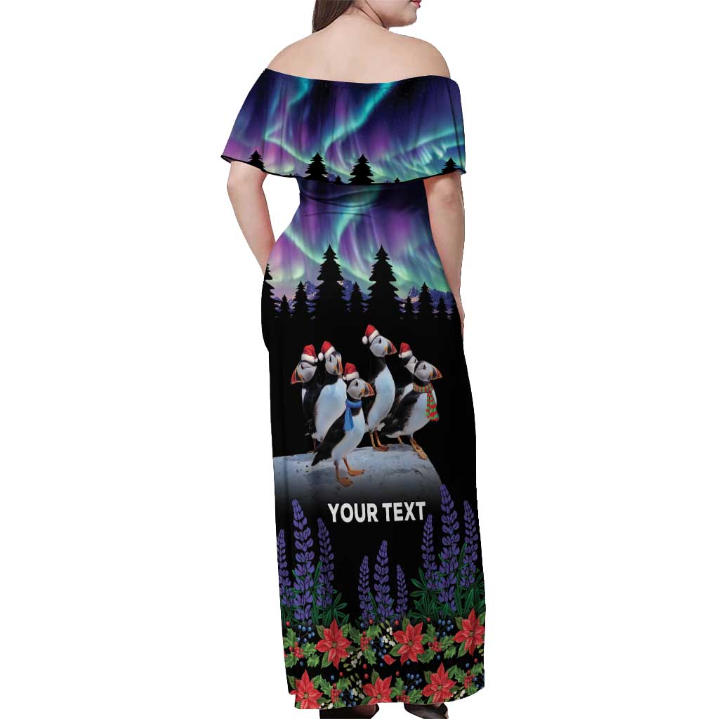 Personalized Not Now Arctic Puffin Off Shoulder Maxi Dress Icelandic Christmas with Northern Lights - Wonder Print Shop