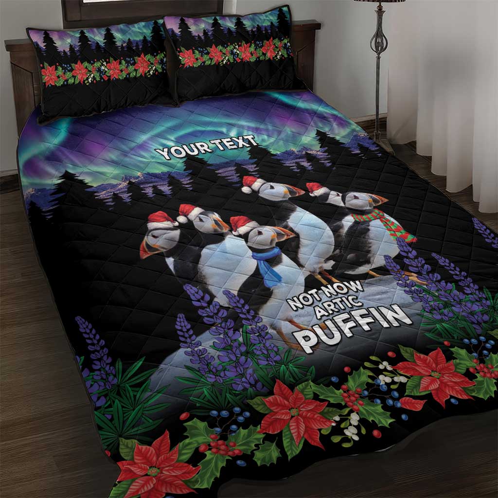 Personalized Not Now Arctic Puffin Quilt Bed Set Icelandic Christmas with Northern Lights - Wonder Print Shop