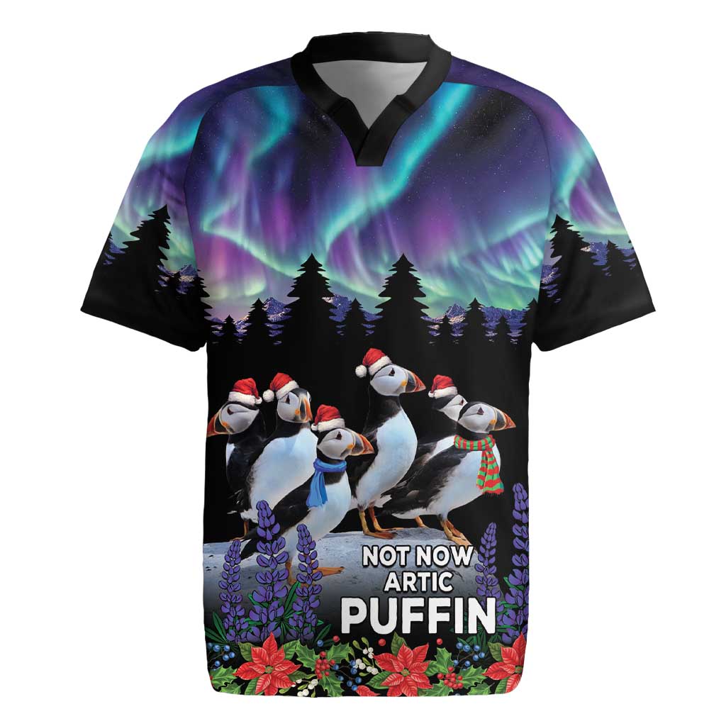 Personalized Not Now Arctic Puffin Rugby Jersey Icelandic Christmas with Northern Lights - Wonder Print Shop