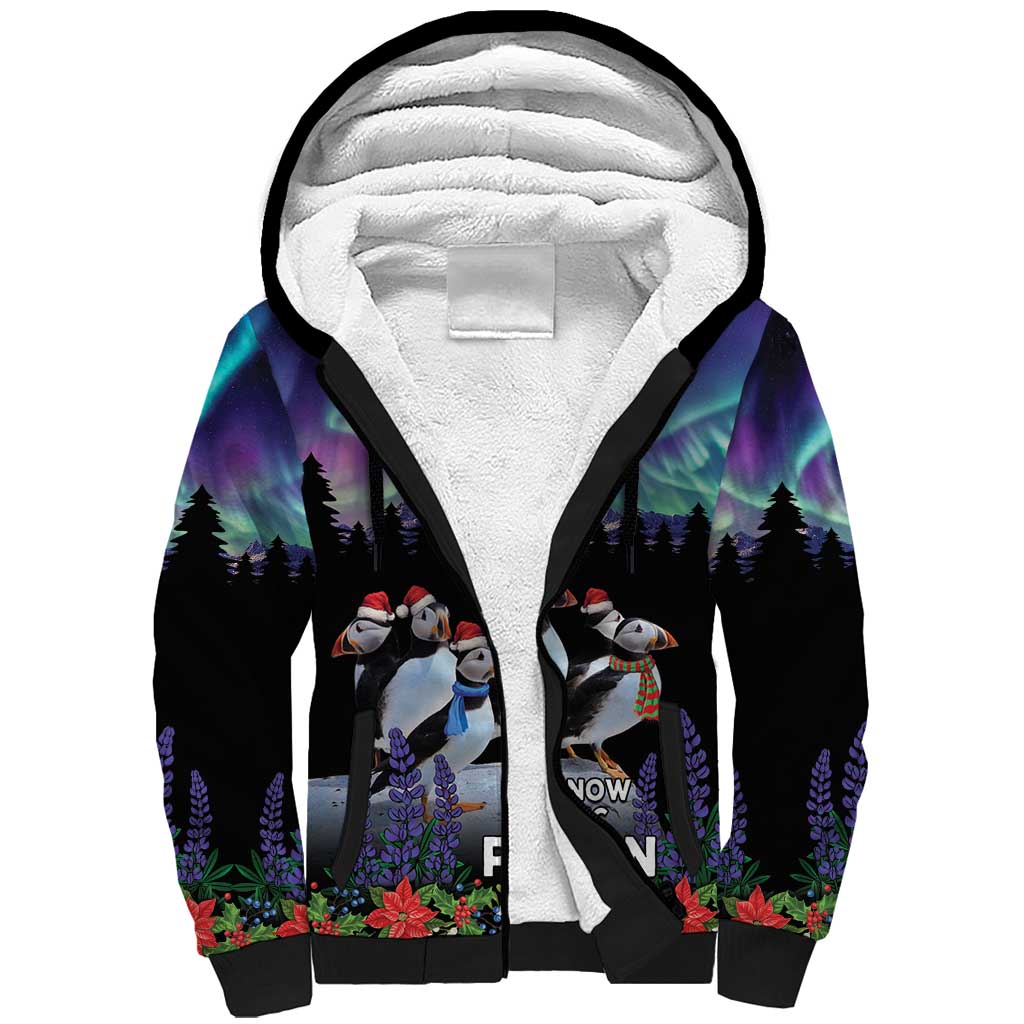 Personalized Not Now Arctic Puffin Sherpa Hoodie Icelandic Christmas with Northern Lights - Wonder Print Shop