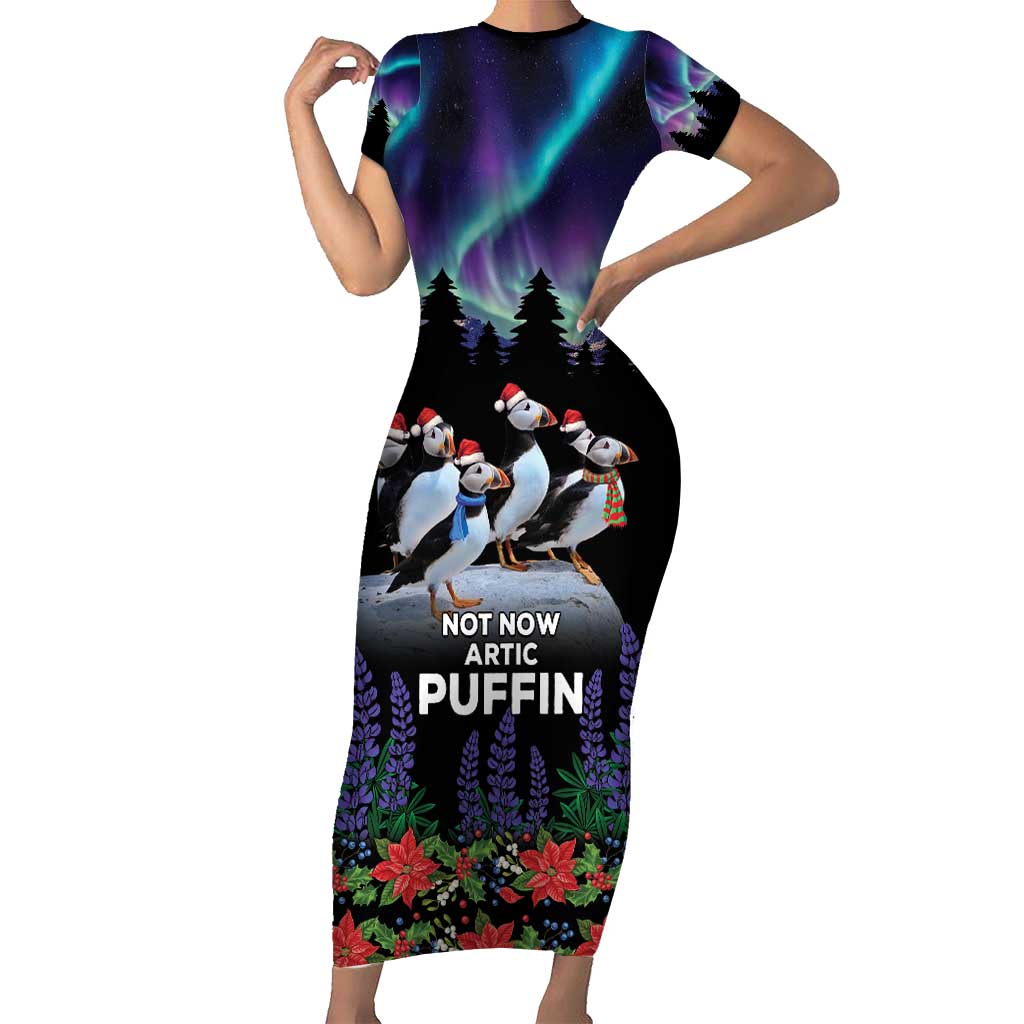 Personalized Not Now Arctic Puffin Short Sleeve Bodycon Dress Icelandic Christmas with Northern Lights - Wonder Print Shop