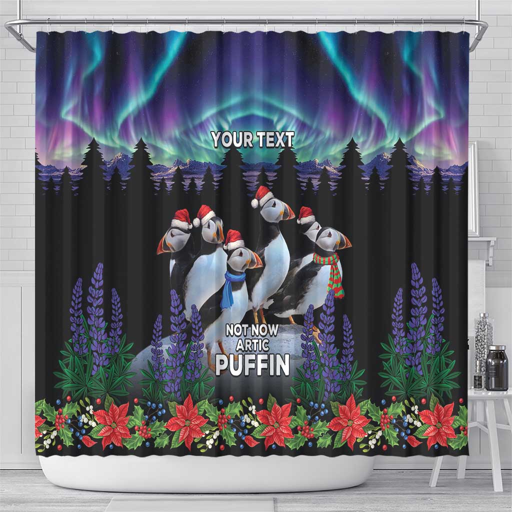 Personalized Not Now Arctic Puffin Shower Curtain Icelandic Christmas with Northern Lights