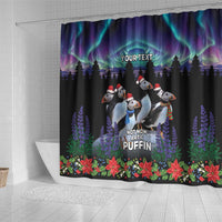 Personalized Not Now Arctic Puffin Shower Curtain Icelandic Christmas with Northern Lights