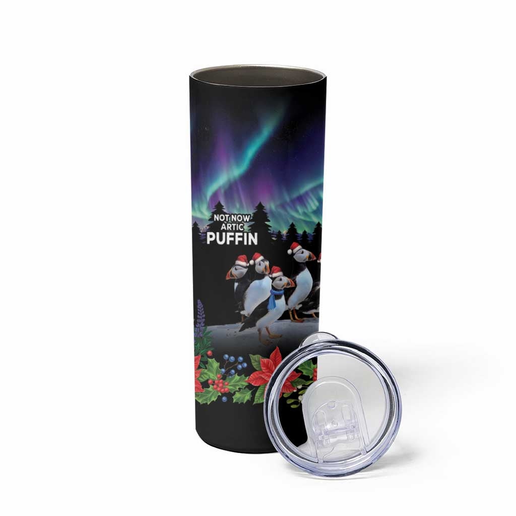 Personalized Not Now Arctic Puffin Skinny Tumbler Icelandic Christmas with Northern Lights - Wonder Print Shop
