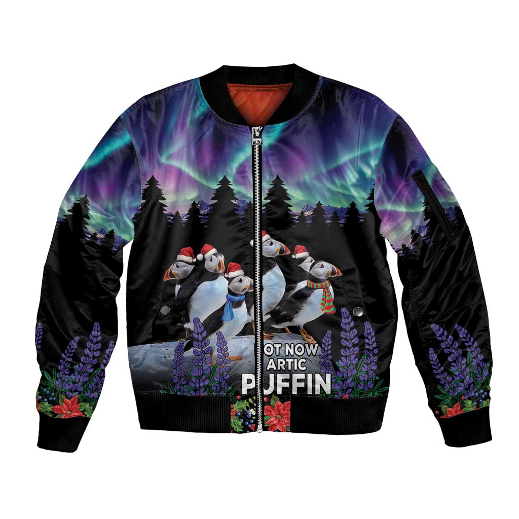 Personalized Not Now Arctic Puffin Sleeve Zip Bomber Jacket Icelandic Christmas with Northern Lights - Wonder Print Shop