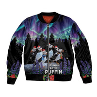 Personalized Not Now Arctic Puffin Sleeve Zip Bomber Jacket Icelandic Christmas with Northern Lights - Wonder Print Shop