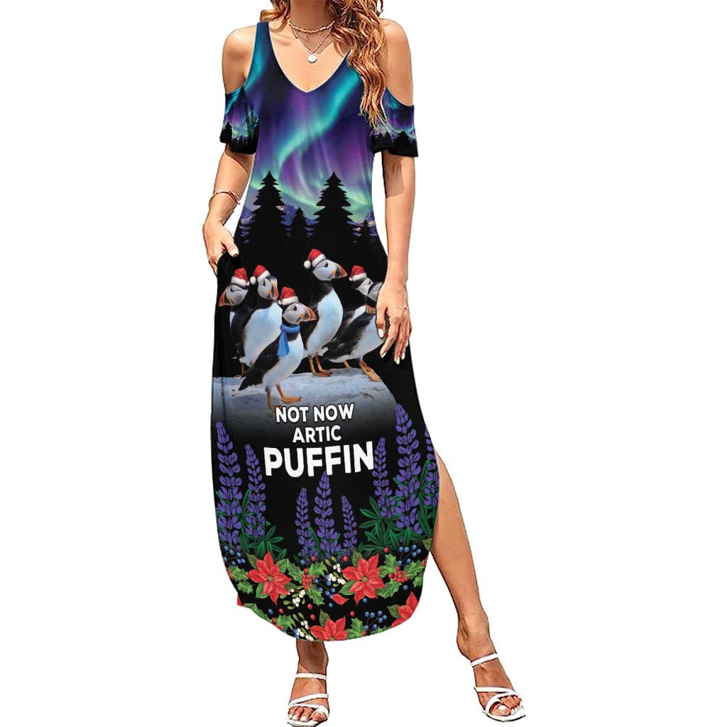Personalized Not Now Arctic Puffin Summer Maxi Dress Icelandic Christmas with Northern Lights - Wonder Print Shop