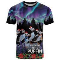 Personalized Not Now Arctic Puffin T Shirt Icelandic Christmas with Northern Lights - Wonder Print Shop