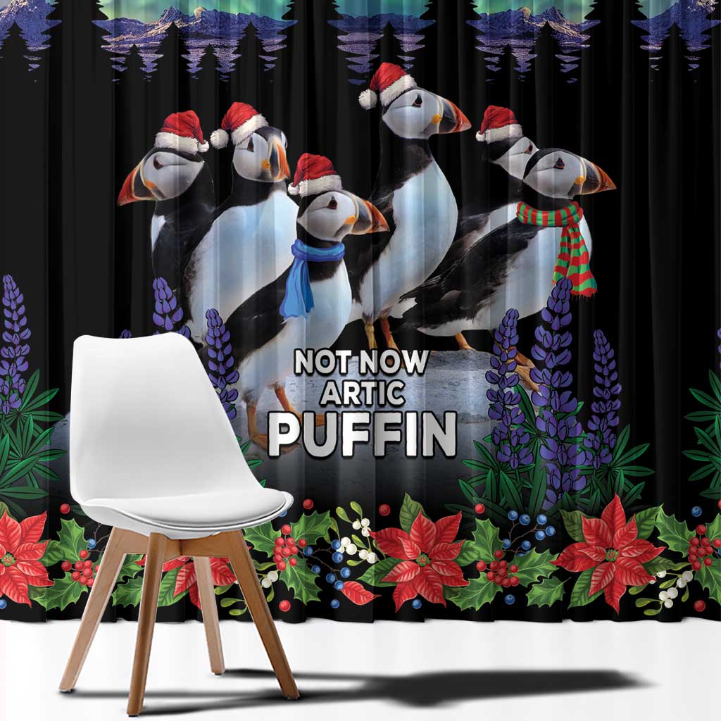 Personalized Not Now Arctic Puffin Window Curtain Icelandic Christmas with Northern Lights - Wonder Print Shop