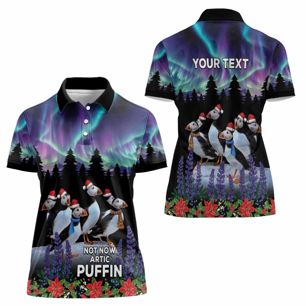 Personalized Not Now Arctic Puffin Women Polo Shirt Icelandic Christmas with Northern Lights - Wonder Print Shop