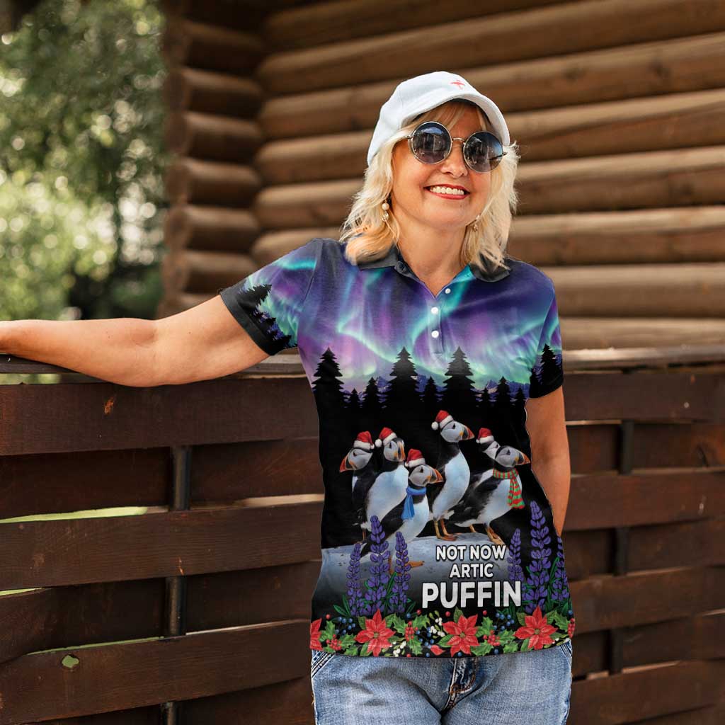 Personalized Not Now Arctic Puffin Women Polo Shirt Icelandic Christmas with Northern Lights - Wonder Print Shop