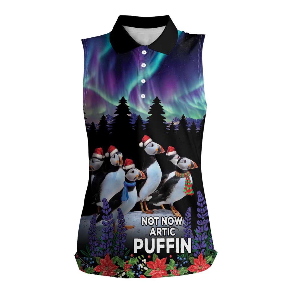 Personalized Not Now Arctic Puffin Women Sleeveless Polo Shirt Icelandic Christmas with Northern Lights - Wonder Print Shop