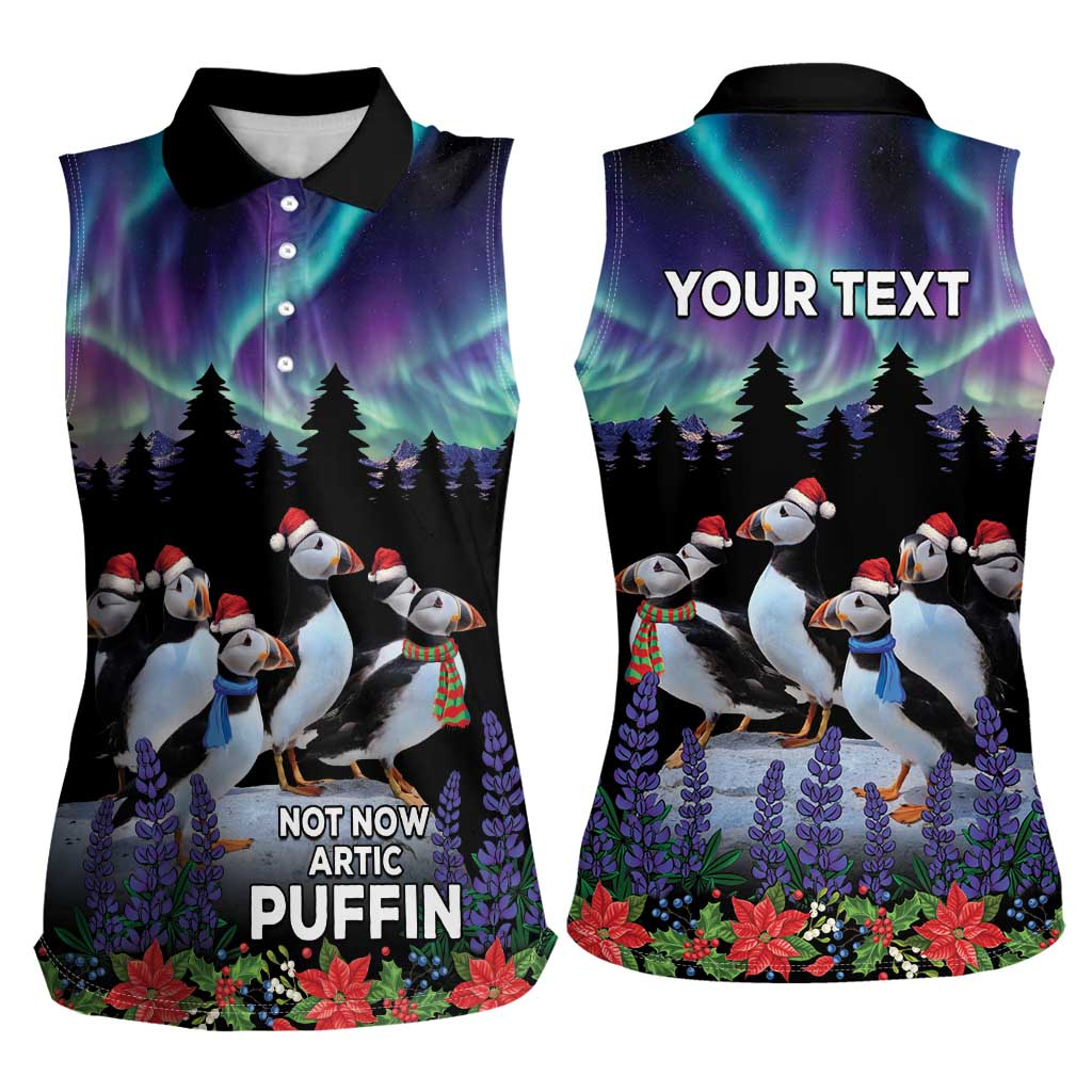 Personalized Not Now Arctic Puffin Women Sleeveless Polo Shirt Icelandic Christmas with Northern Lights - Wonder Print Shop