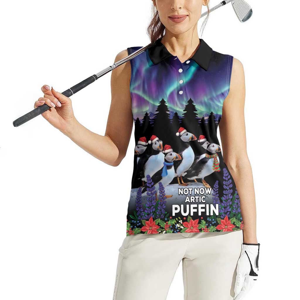 Personalized Not Now Arctic Puffin Women Sleeveless Polo Shirt Icelandic Christmas with Northern Lights - Wonder Print Shop