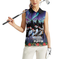 Personalized Not Now Arctic Puffin Women Sleeveless Polo Shirt Icelandic Christmas with Northern Lights - Wonder Print Shop