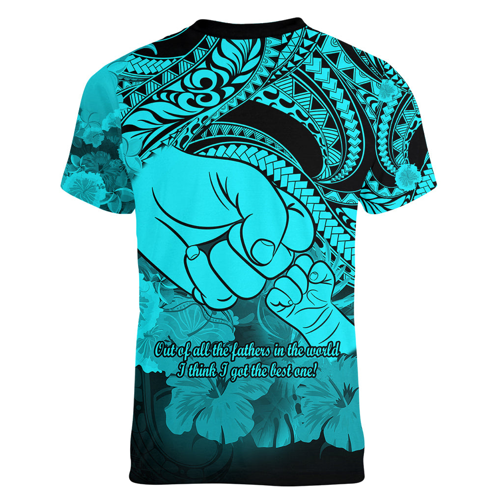 Polynesian Pride Happy Father Day Women V Neck T Shirt I Love You Dad - Polynesian Tribal Aqua - Wonder Print Shop