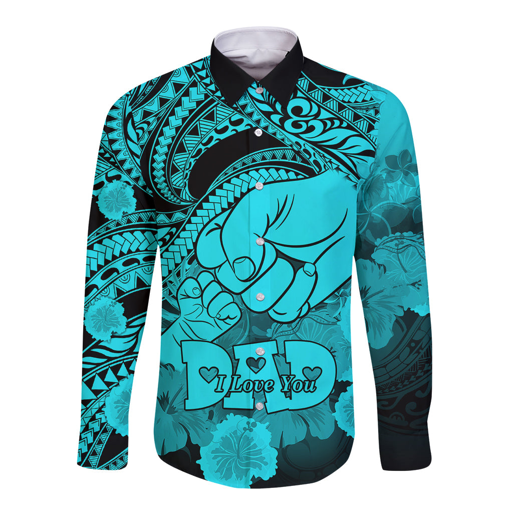Personalised Polynesian Pride Happy Father Day Long Sleeve Button Shirt I Love You Dad - Polynesian Tribal Aqua - Wonder Print Shop