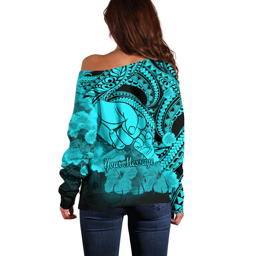 Personalised Polynesian Pride Happy Father Day Off Shoulder Sweater I Love You Dad - Polynesian Tribal Aqua - Wonder Print Shop