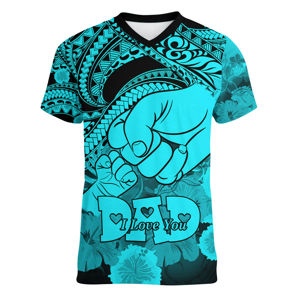 Personalised Polynesian Pride Happy Father Day Women V Neck T Shirt I Love You Dad - Polynesian Tribal Aqua - Wonder Print Shop