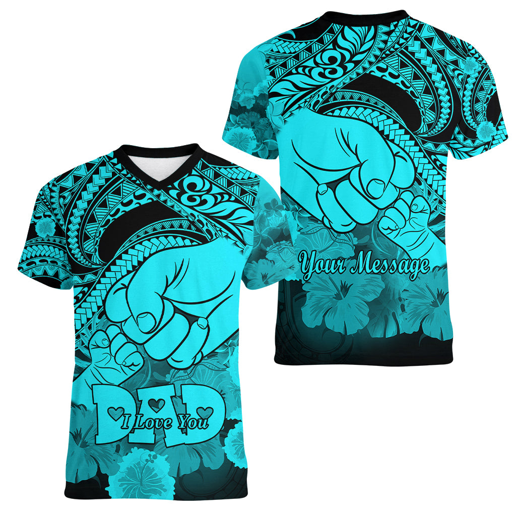 Personalised Polynesian Pride Happy Father Day Women V Neck T Shirt I Love You Dad - Polynesian Tribal Aqua - Wonder Print Shop
