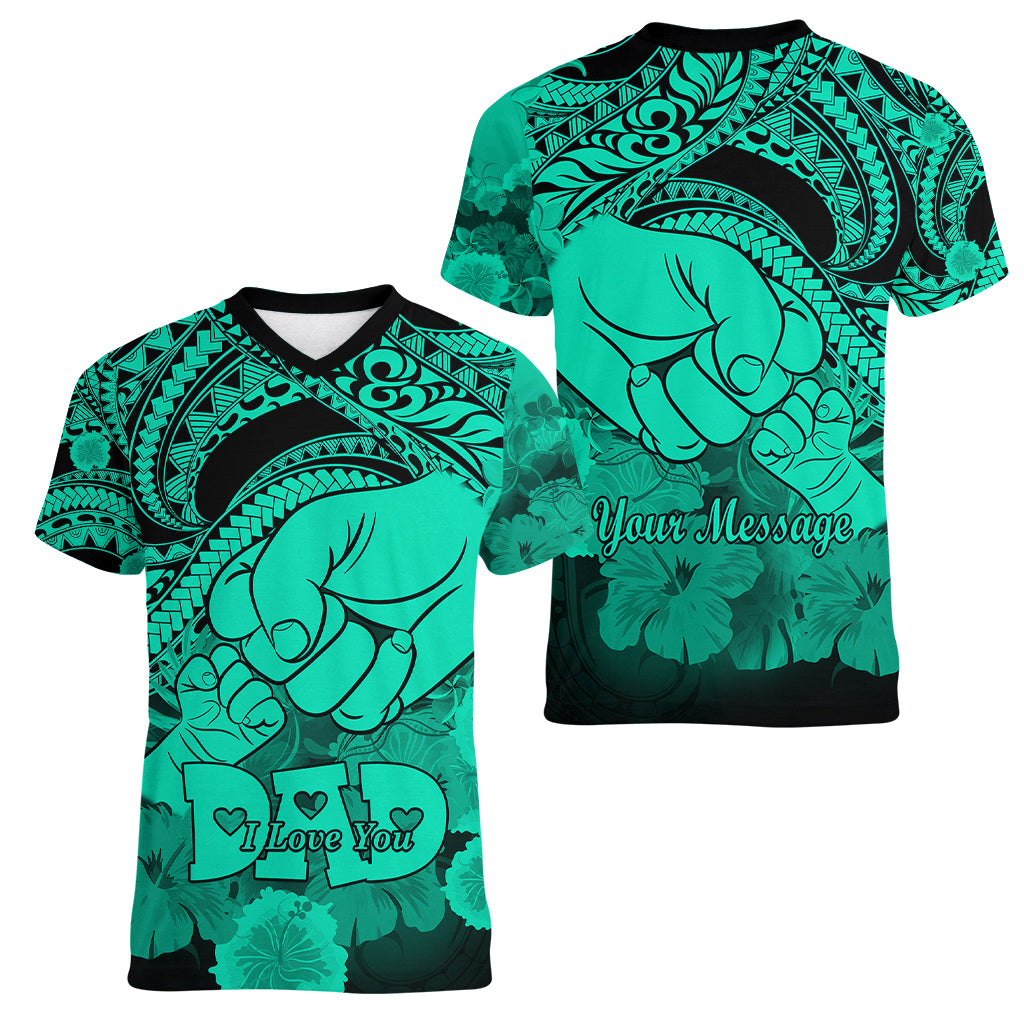 Personalised Polynesian Pride Happy Father Day Women V Neck T Shirt I Love You Dad - Polynesian Tribal Green - Wonder Print Shop