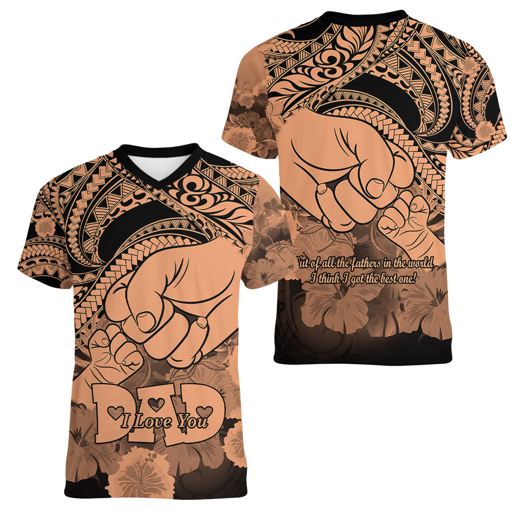 Polynesian Pride Happy Father Day Women V Neck T Shirt I Love You Dad - Polynesian Tribal Nude - Wonder Print Shop