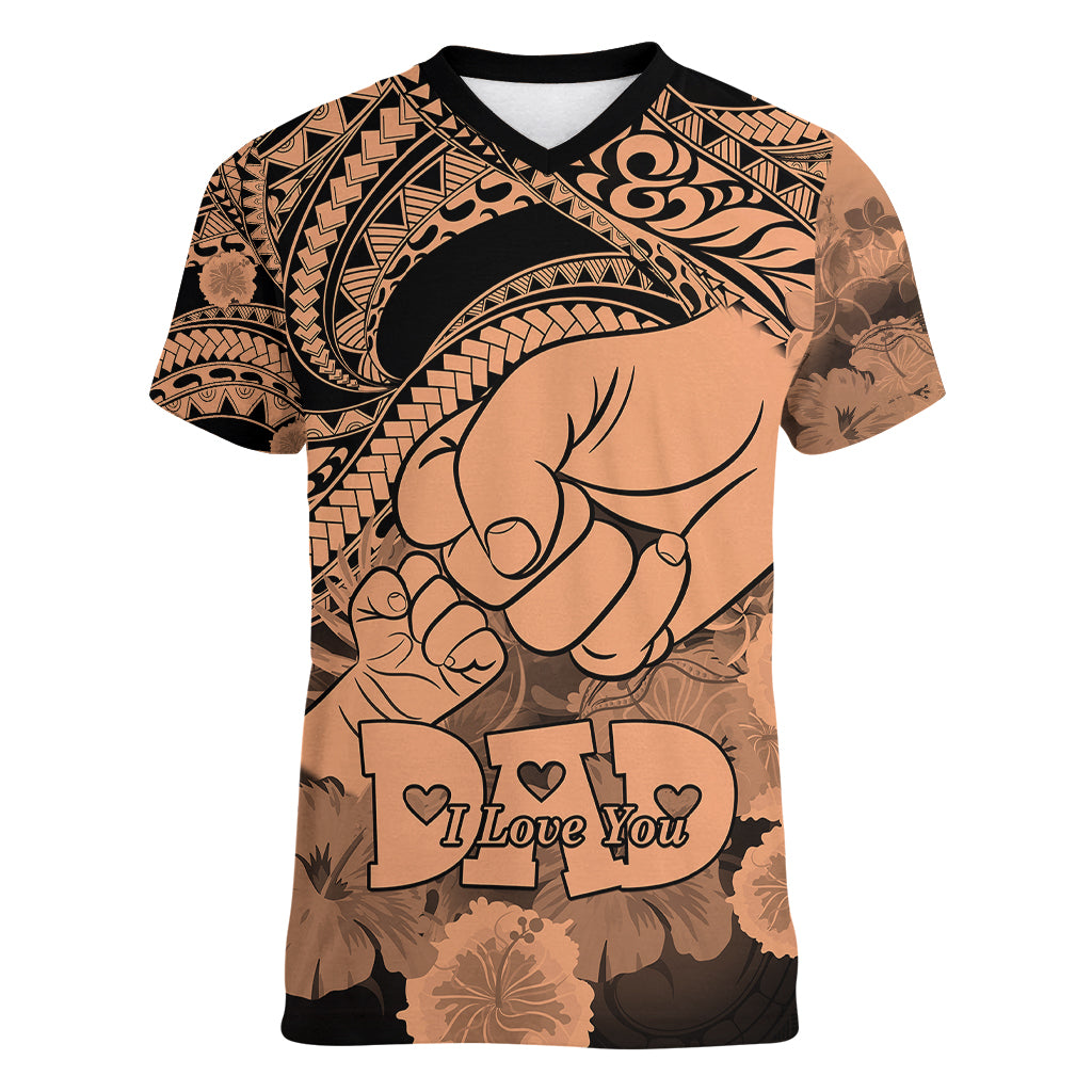Personalised Polynesian Pride Happy Father Day Women V Neck T Shirt I Love You Dad - Polynesian Tribal Nude - Wonder Print Shop