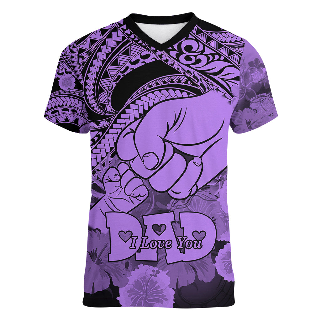 Polynesian Pride Happy Father Day Women V Neck T Shirt I Love You Dad - Polynesian Tribal Purple - Wonder Print Shop