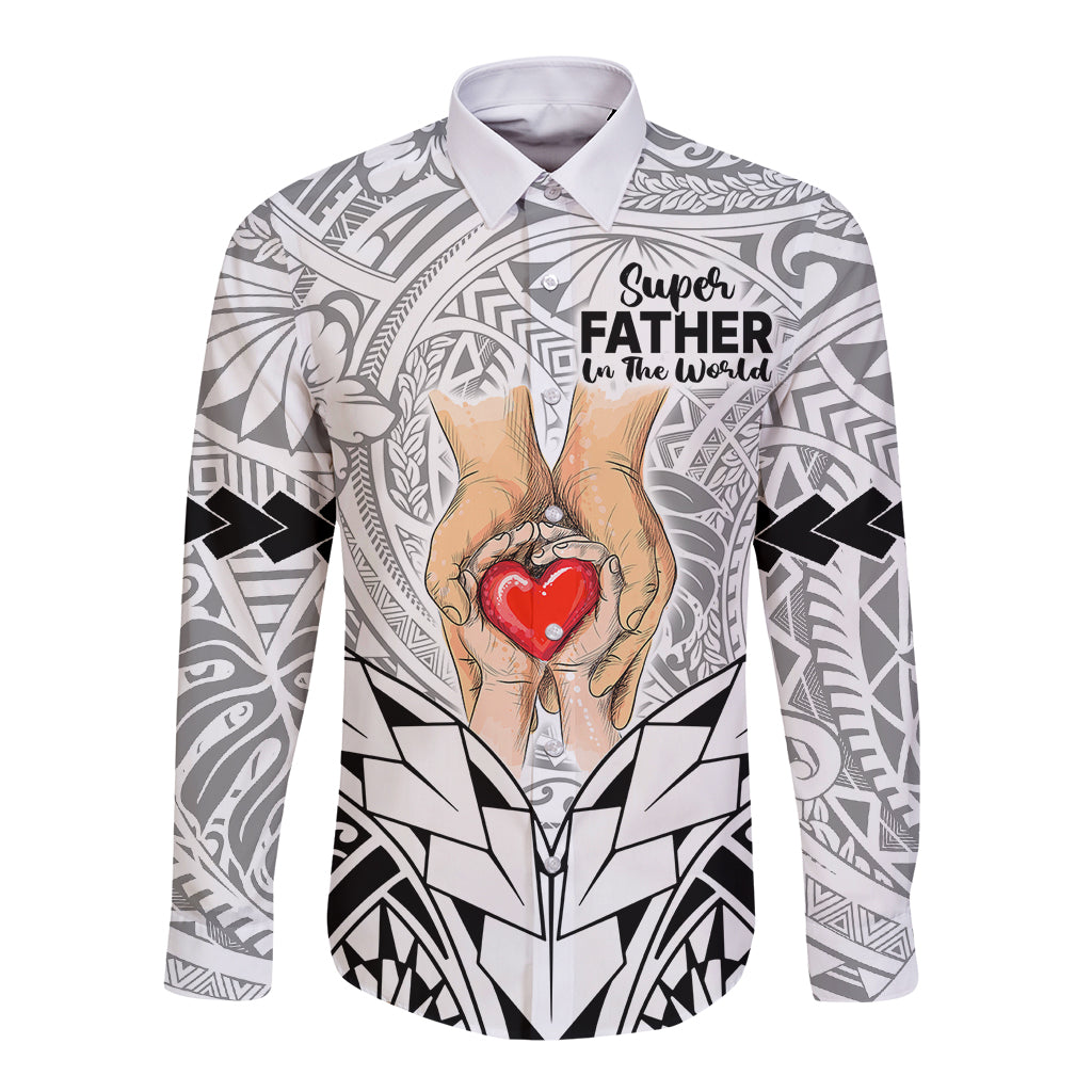 Polynesian Father's Day Gift For Dad Long Sleeve Button Shirt Super Father In The World - Black Polynesian Pattern - Wonder Print Shop