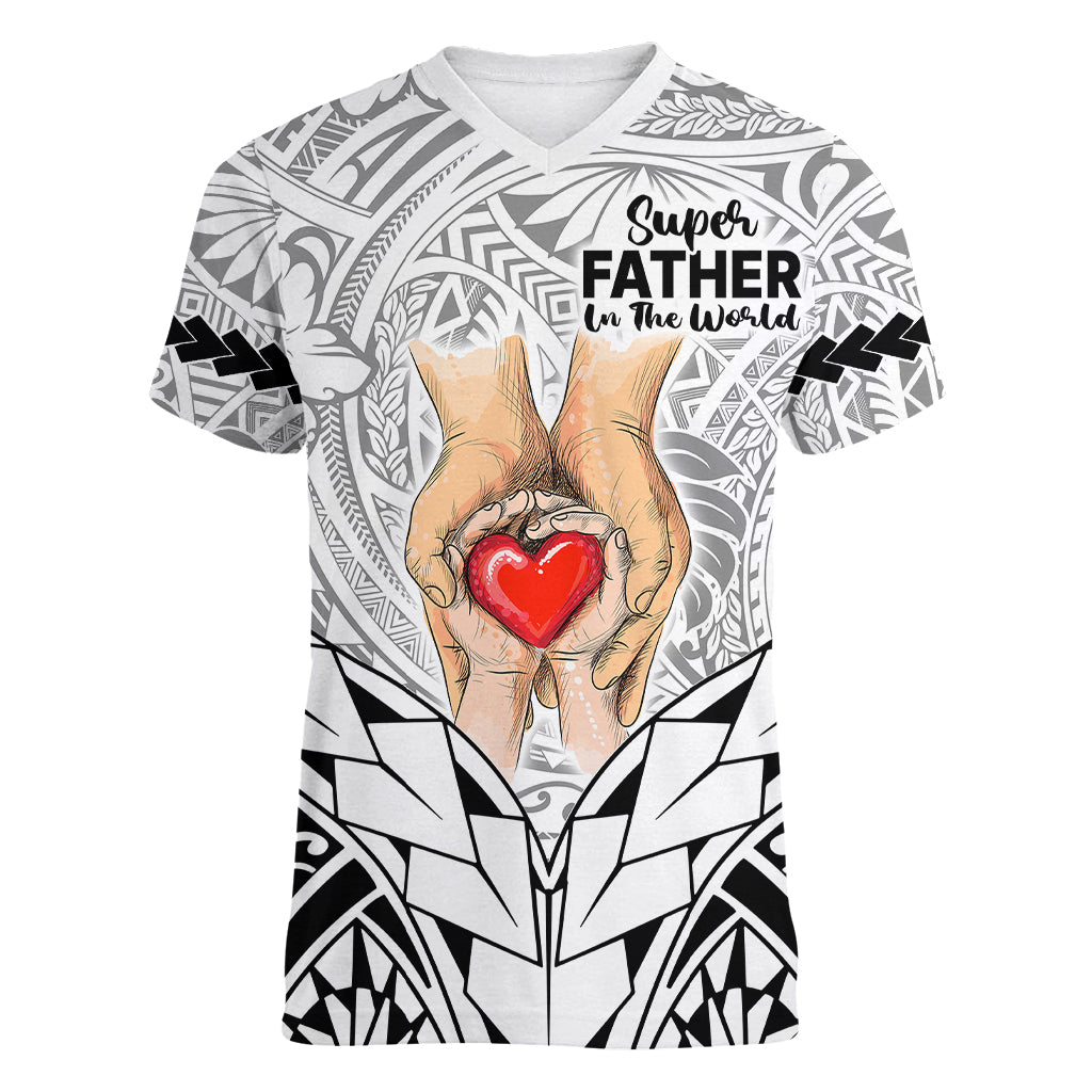 Polynesian Father's Day Gift For Dad Women V Neck T Shirt Super Father In The World - Black Polynesian Pattern - Wonder Print Shop