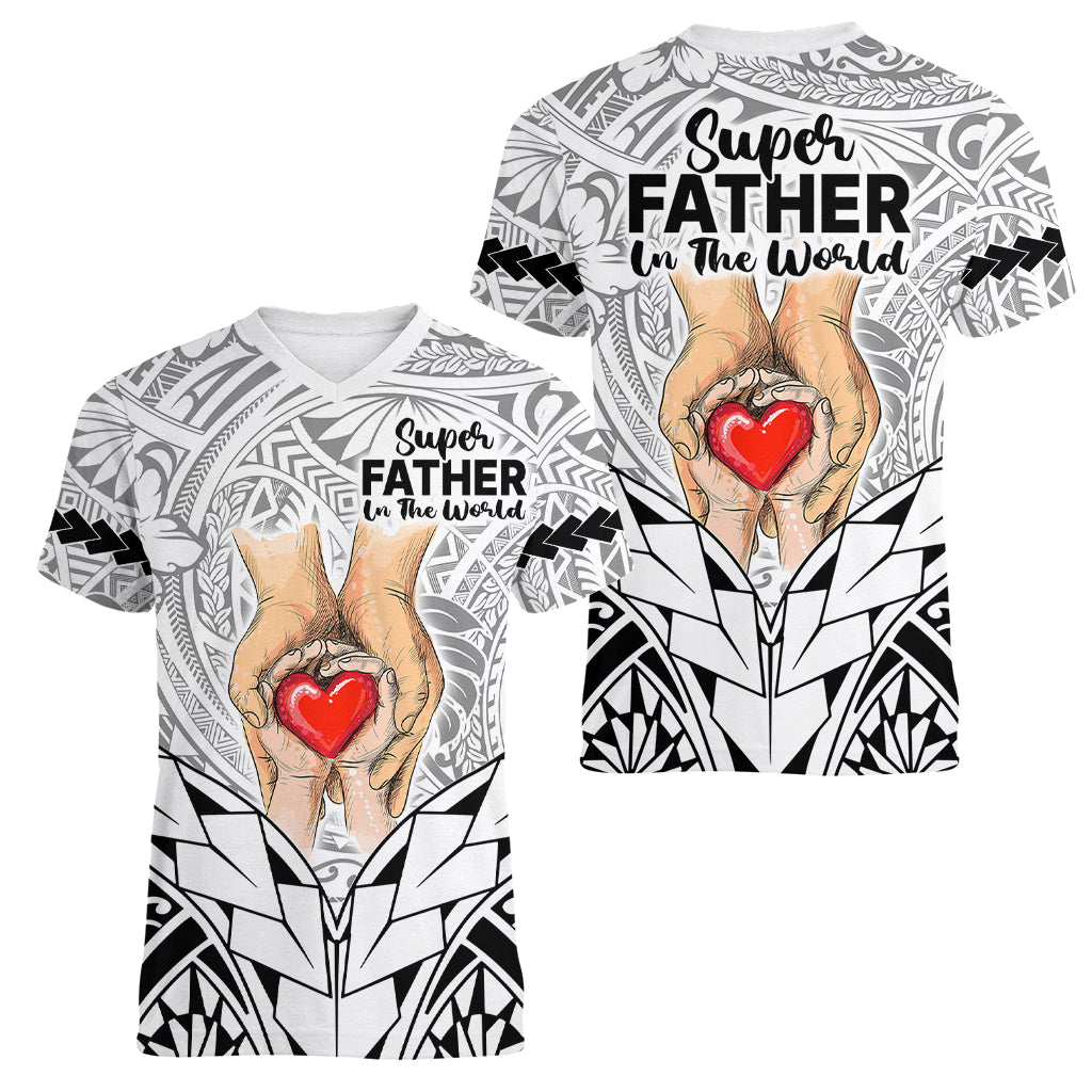 Polynesian Father's Day Gift For Dad Women V Neck T Shirt Super Father In The World - Black Polynesian Pattern - Wonder Print Shop