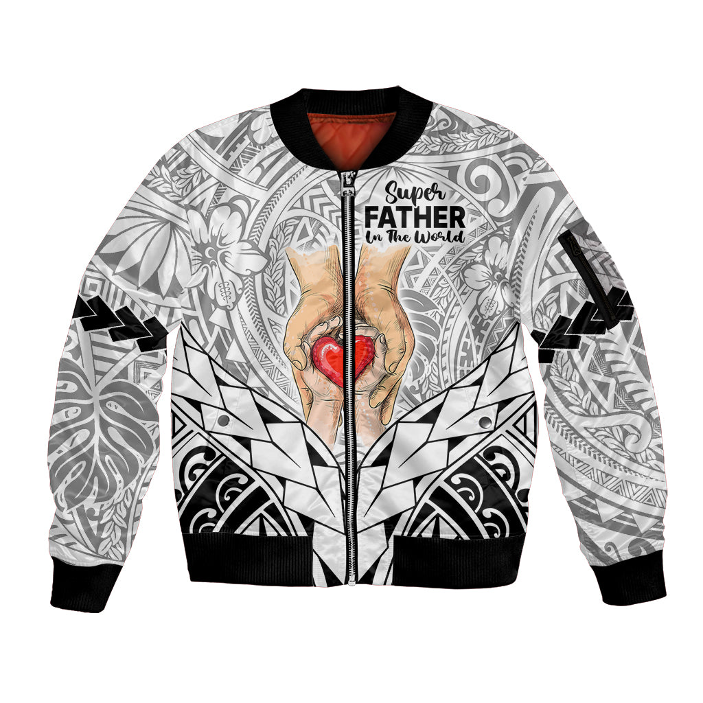 Personalised Polynesian Father's Day Gift For Dad Sleeve Zip Bomber Jacket Super Father In The World - Black Polynesian Pattern - Wonder Print Shop