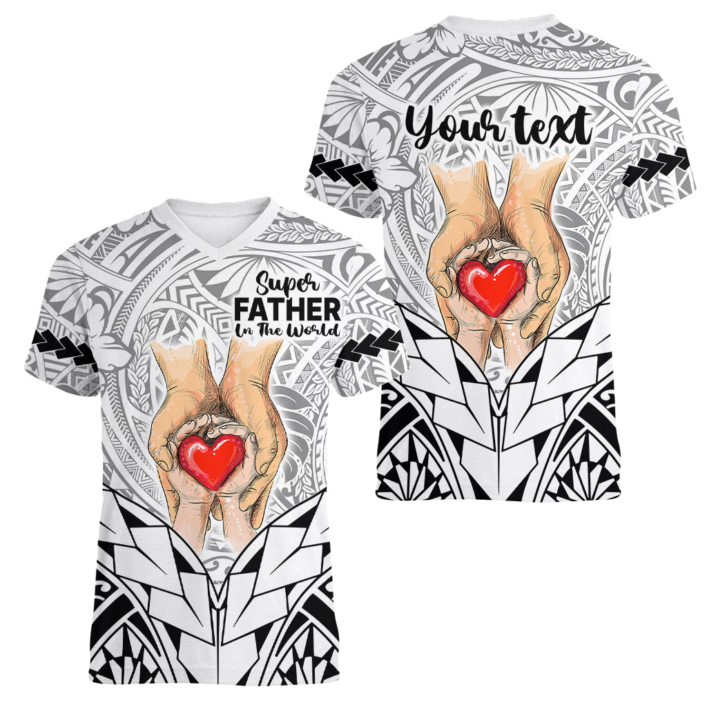 Personalised Polynesian Father's Day Gift For Dad Women V Neck T Shirt Super Father In The World - Black Polynesian Pattern - Wonder Print Shop