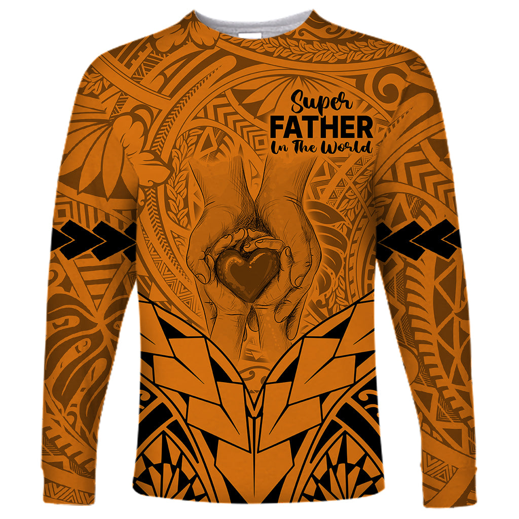 Polynesian Father's Day Gift For Dad Long Sleeve Shirt Super Father In The World - Gold Polynesian Pattern - Wonder Print Shop