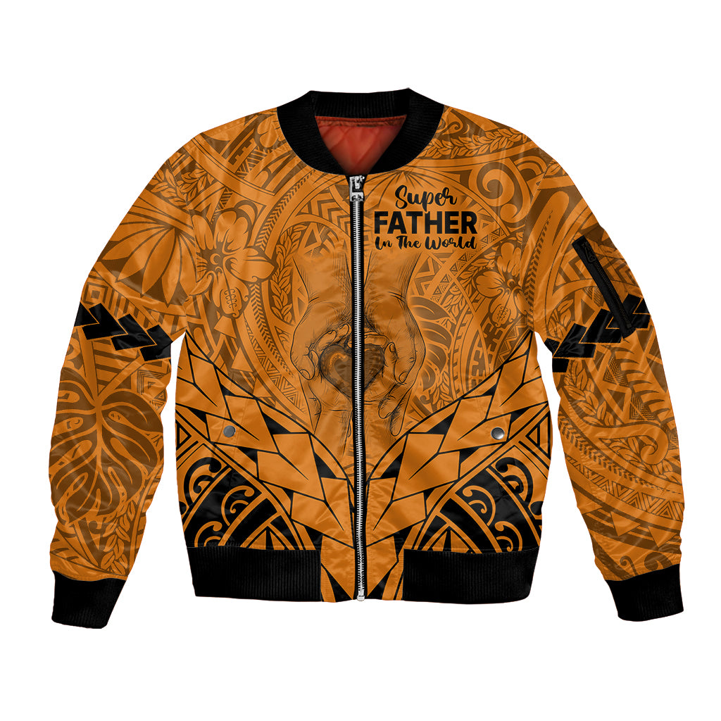 Polynesian Father's Day Gift For Dad Sleeve Zip Bomber Jacket Super Father In The World - Gold Polynesian Pattern - Wonder Print Shop