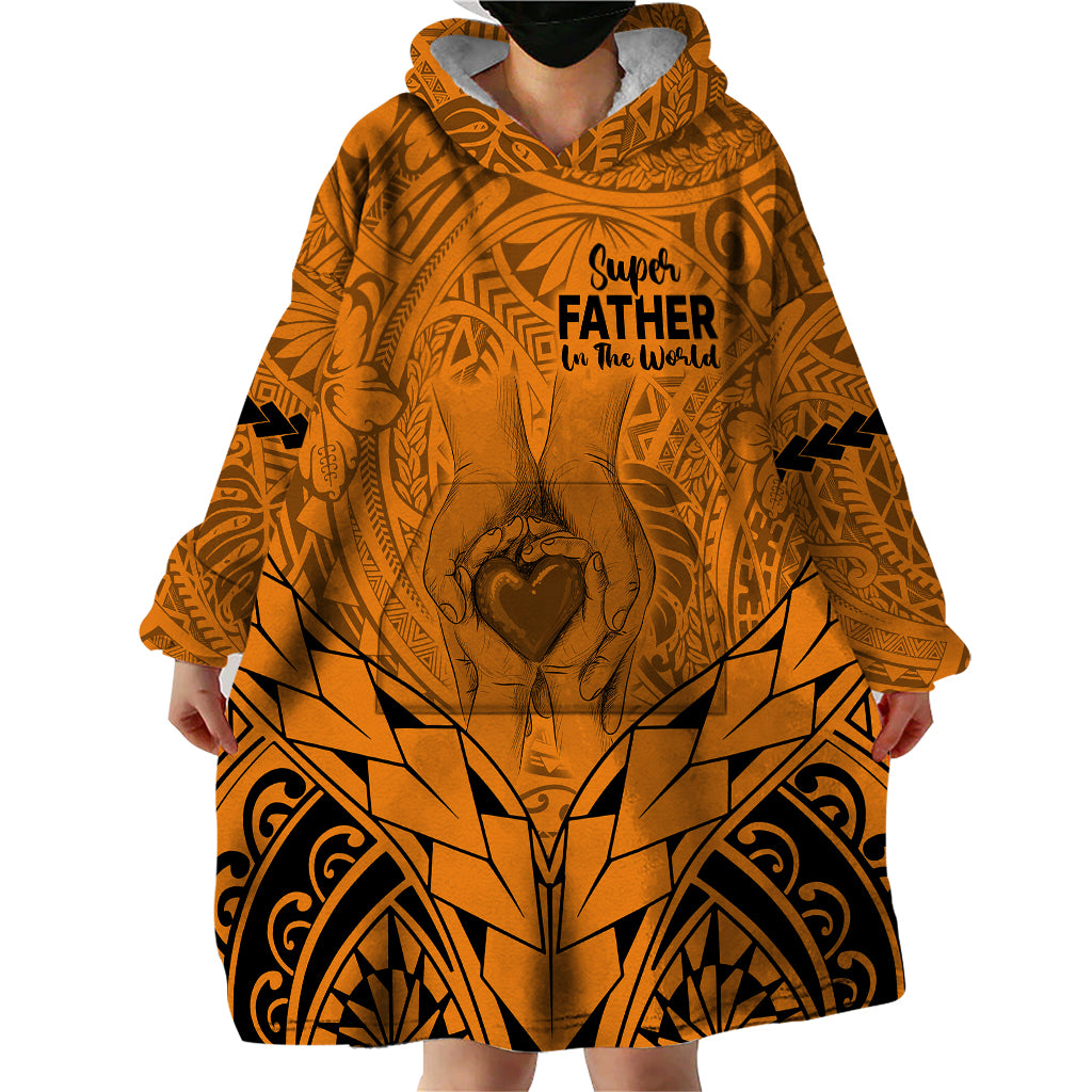 Polynesian Father's Day Gift For Dad Wearable Blanket Hoodie Super Father In The World - Gold Polynesian Pattern - Wonder Print Shop