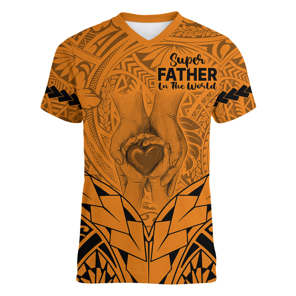 Polynesian Father's Day Gift For Dad Women V Neck T Shirt Super Father In The World - Gold Polynesian Pattern - Wonder Print Shop