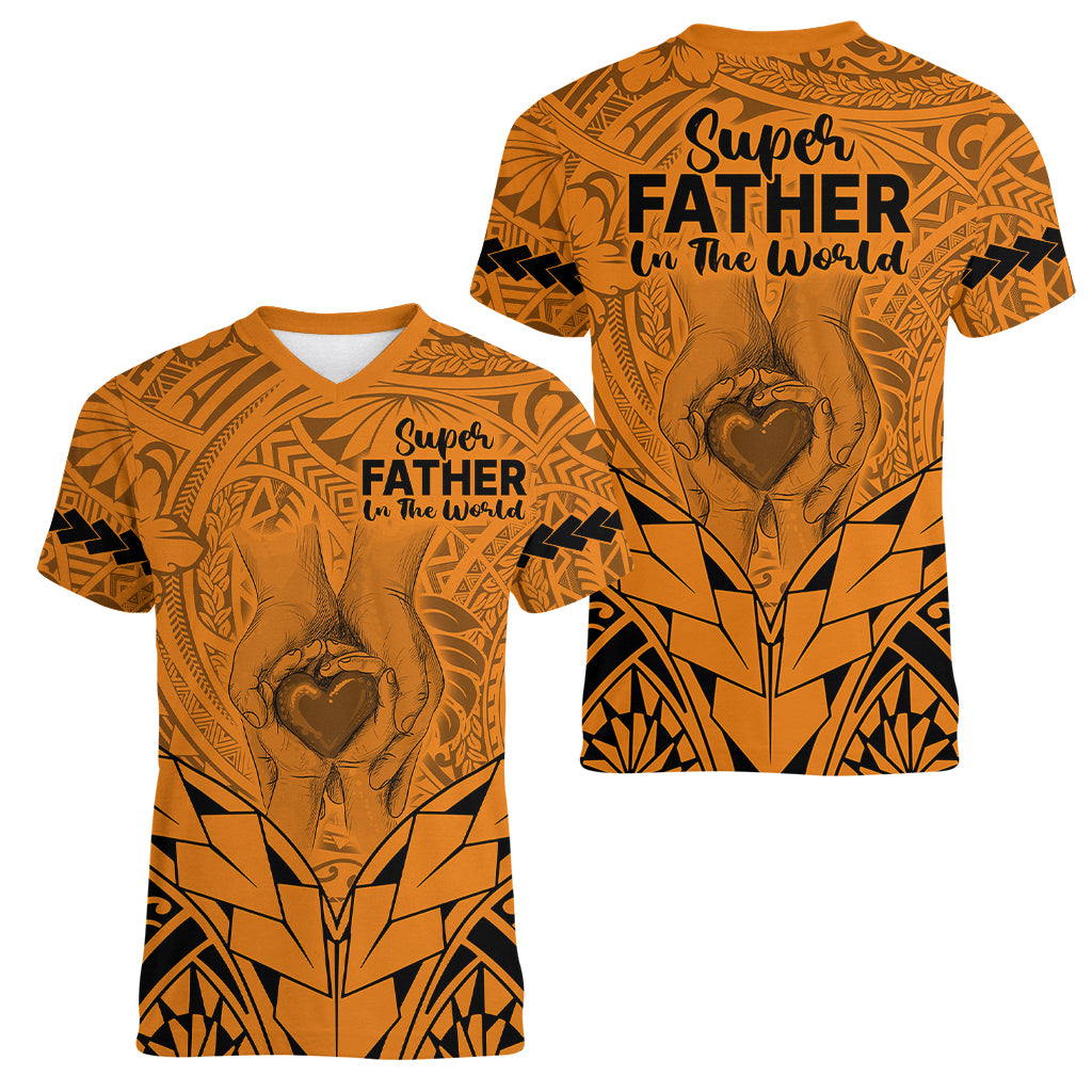 Polynesian Father's Day Gift For Dad Women V Neck T Shirt Super Father In The World - Gold Polynesian Pattern - Wonder Print Shop