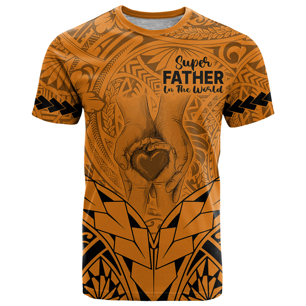 Personalised Polynesian Father's Day Gift For Dad T Shirt Super Father In The World - Gold Polynesian Pattern - Wonder Print Shop