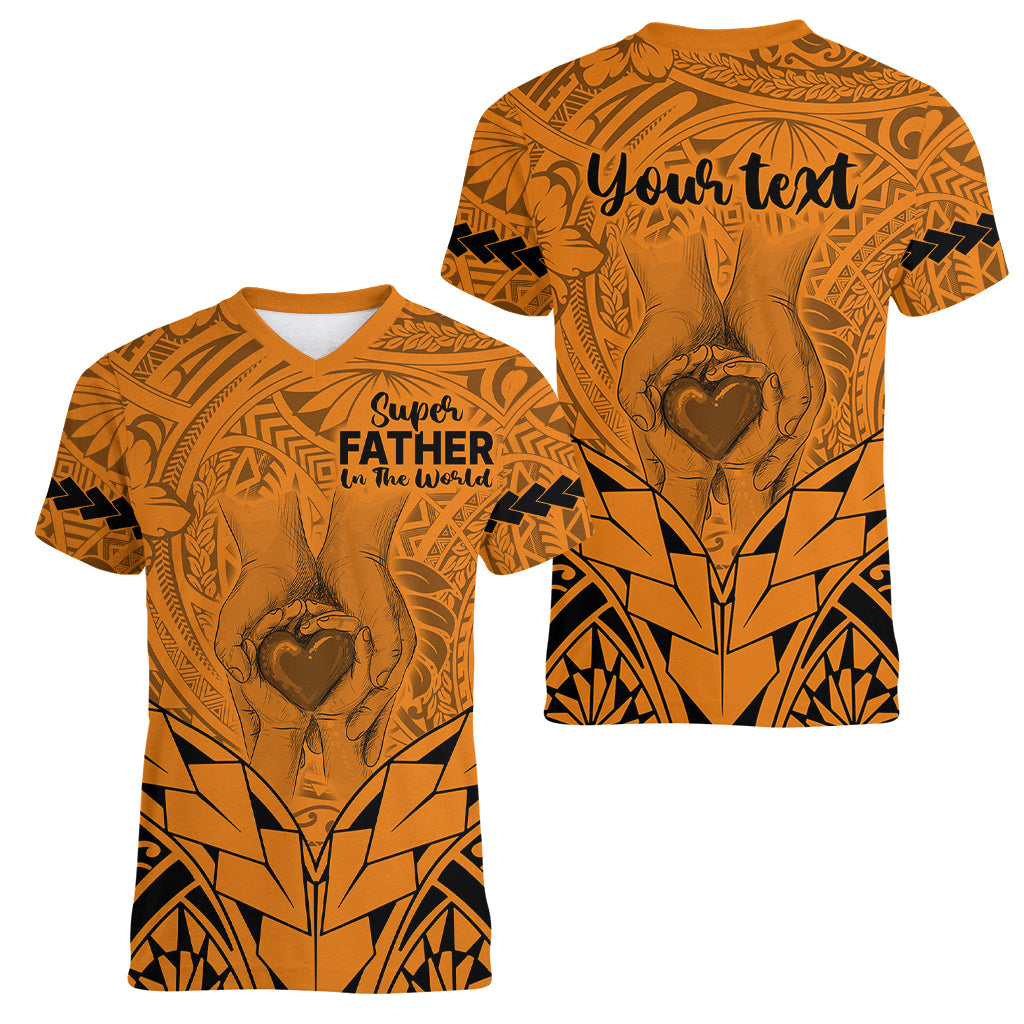 Personalised Polynesian Father's Day Gift For Dad Women V Neck T Shirt Super Father In The World - Gold Polynesian Pattern - Wonder Print Shop