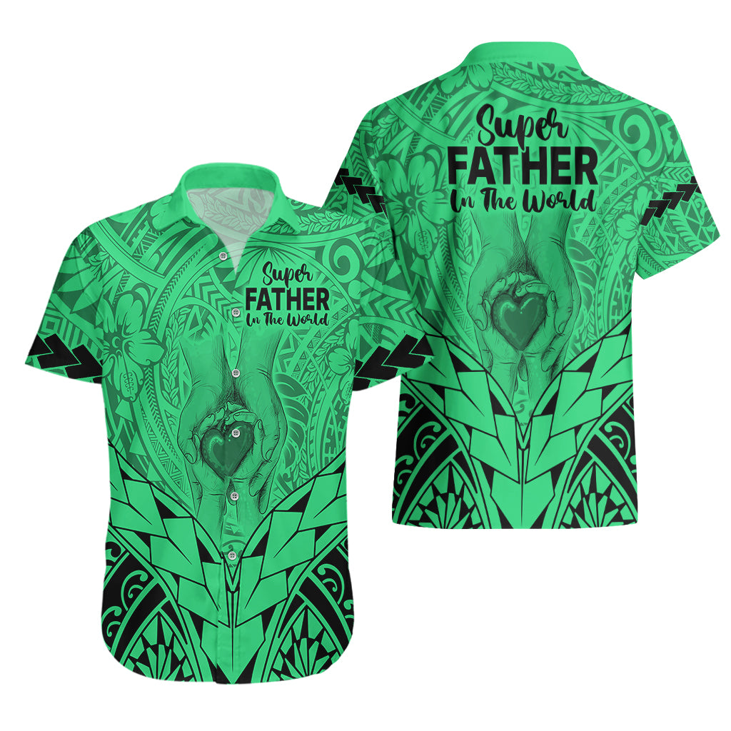 Polynesian Father's Day Gift For Dad Hawaiian Shirt Super Father In The World - Green Polynesian Pattern - Wonder Print Shop