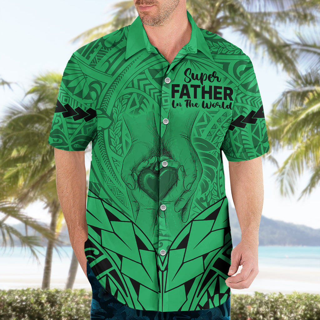 Polynesian Father's Day Gift For Dad Hawaiian Shirt Super Father In The World - Green Polynesian Pattern - Wonder Print Shop