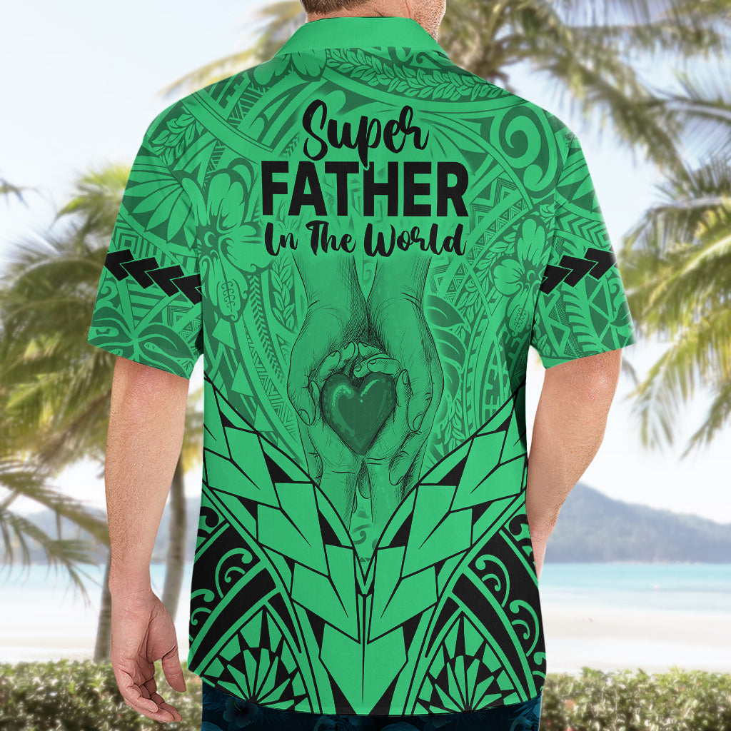 Polynesian Father's Day Gift For Dad Hawaiian Shirt Super Father In The World - Green Polynesian Pattern - Wonder Print Shop