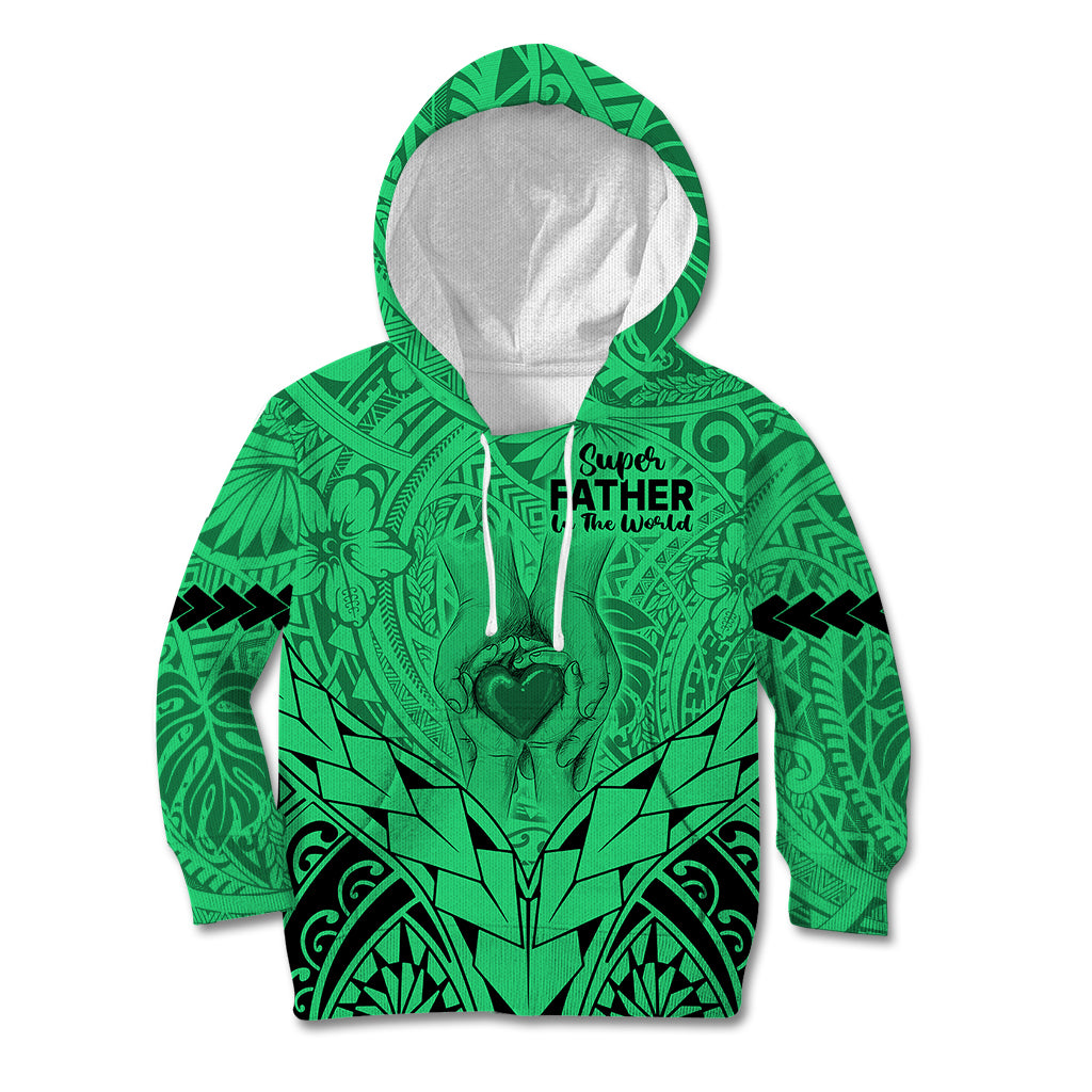 Polynesian Father's Day Gift For Dad Kid Hoodie Super Father In The World - Green Polynesian Pattern - Wonder Print Shop