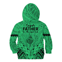 Polynesian Father's Day Gift For Dad Kid Hoodie Super Father In The World - Green Polynesian Pattern - Wonder Print Shop