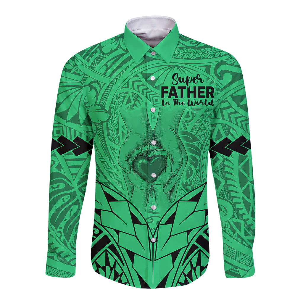 Polynesian Father's Day Gift For Dad Long Sleeve Button Shirt Super Father In The World - Green Polynesian Pattern - Wonder Print Shop
