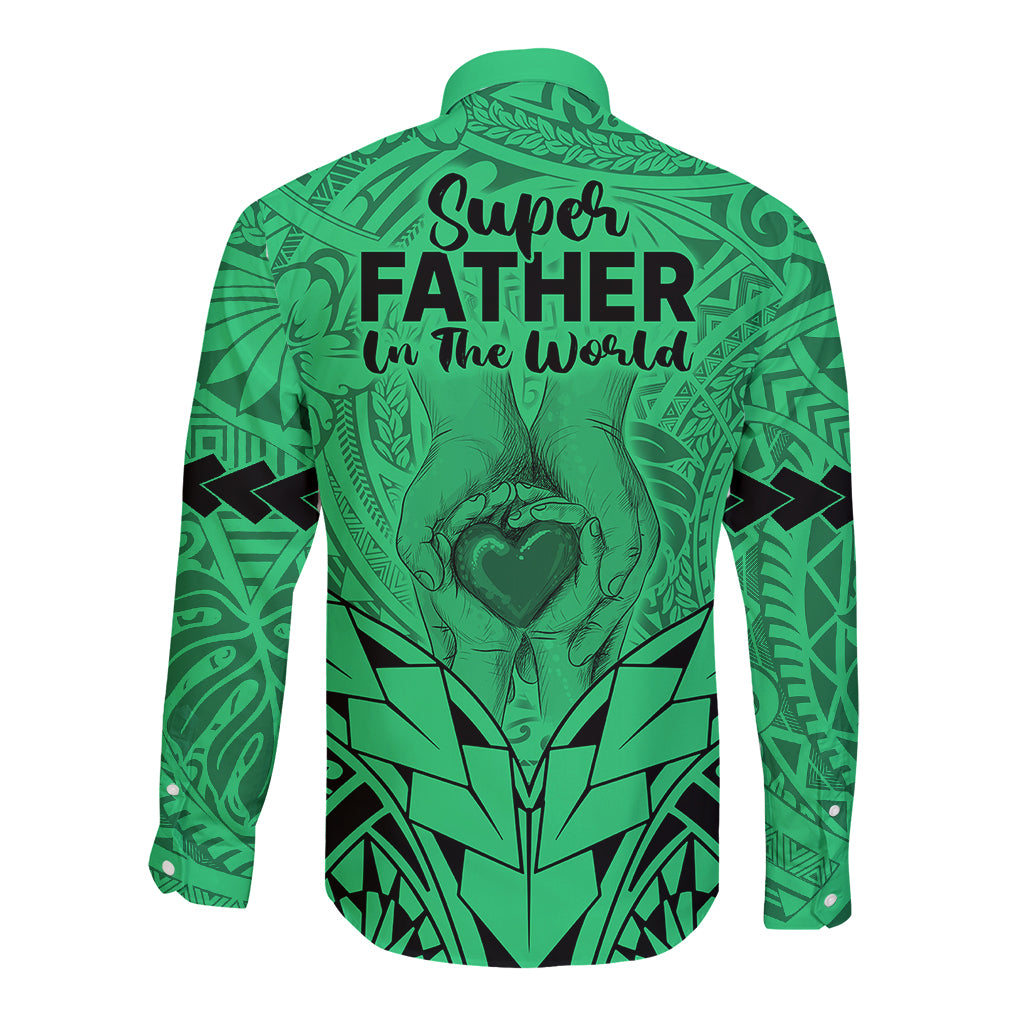 Polynesian Father's Day Gift For Dad Long Sleeve Button Shirt Super Father In The World - Green Polynesian Pattern - Wonder Print Shop
